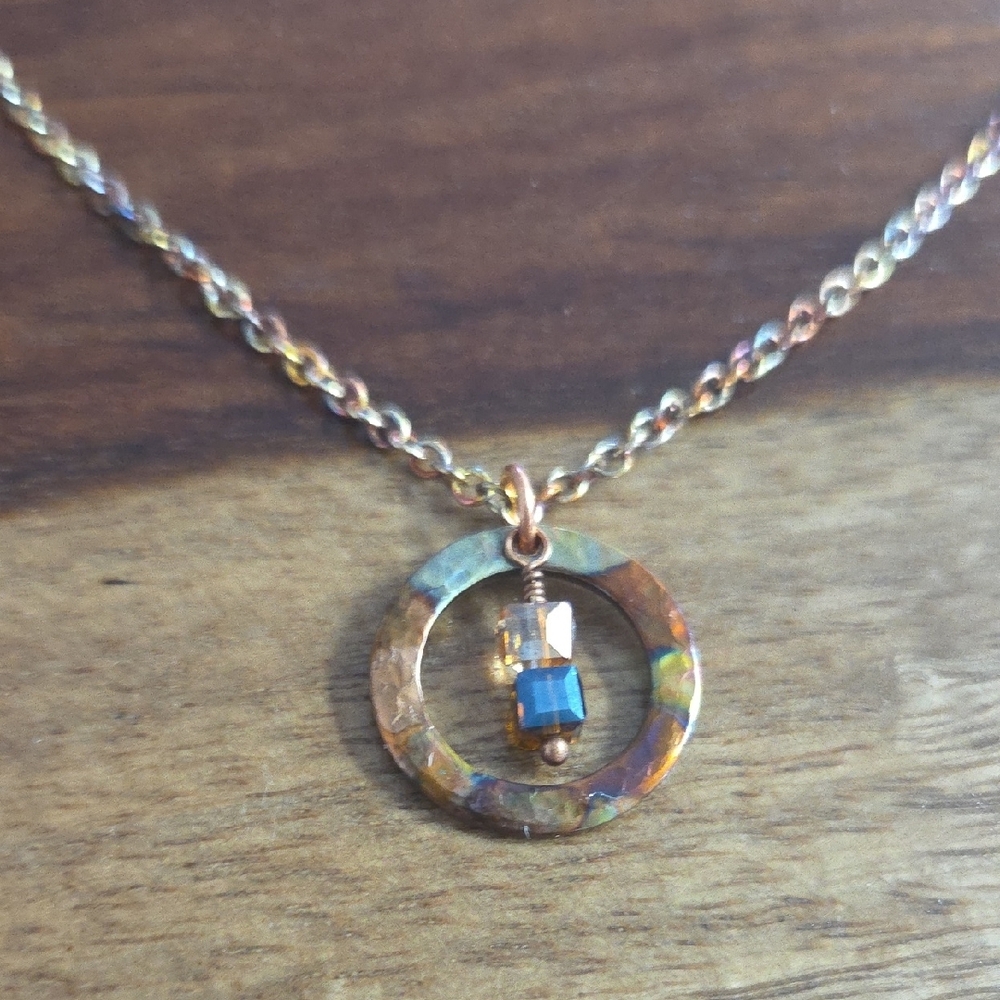 Elegant Flame Painted Multi Color Circular Pendant with Crystal Accents